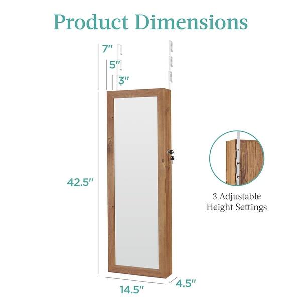 dimension image slide 4 of 6, LED Mirror Jewelry Cabinet, Tall Lockable Wall or Door Mounted Jewelry Armoire Organizer, 2 Drawers, Lock, Cosmetic Tray