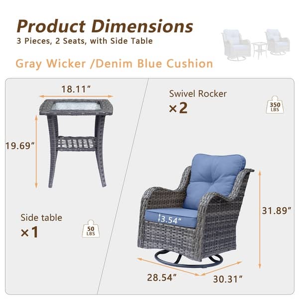 dimension image slide 1 of 9, Gray Wicker Rattan Outdoor Patio Furniture Set Swivel Chair with Cushion