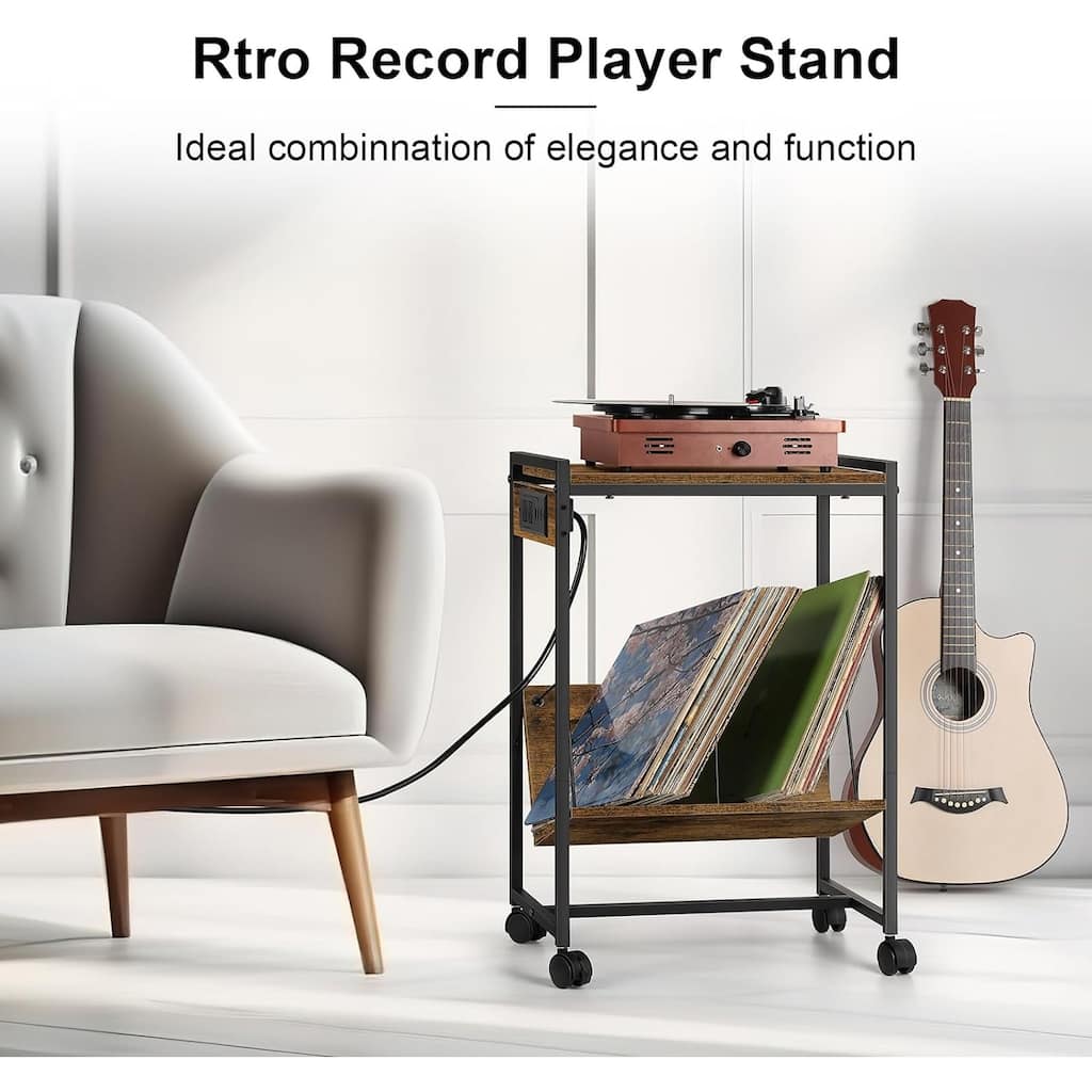 2 Tier Record Player Stand with Charging Station