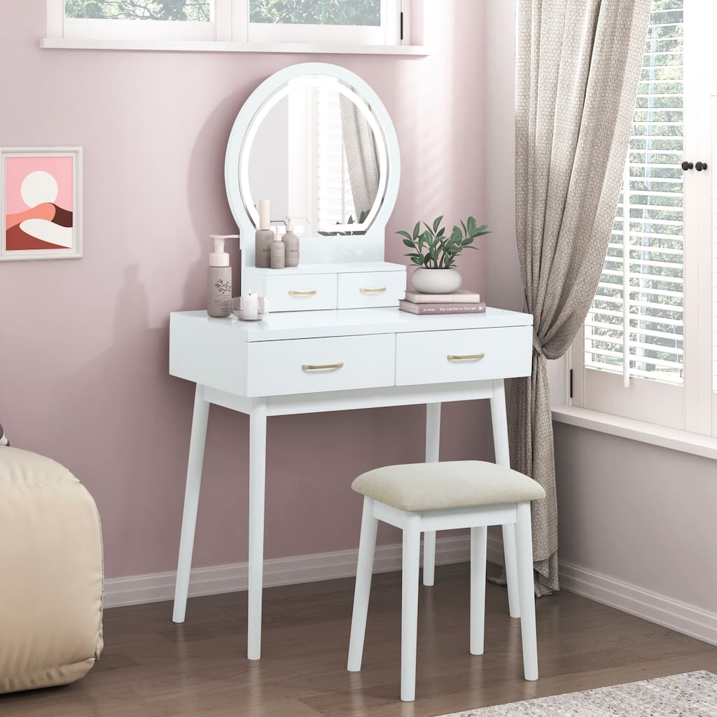 Beautiful White Finish Vanity Dresser with Mirror and Stool