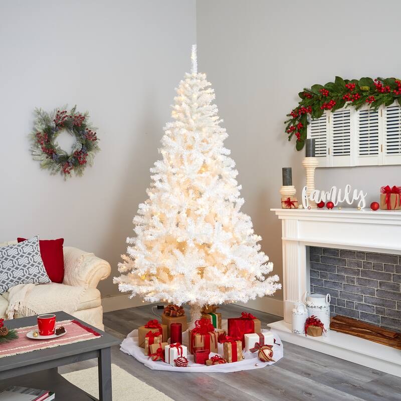 7.5' Pre-Lit Snow White Artificial Christmas Tree, Warm Clear LED Lights - 7.5 Foot