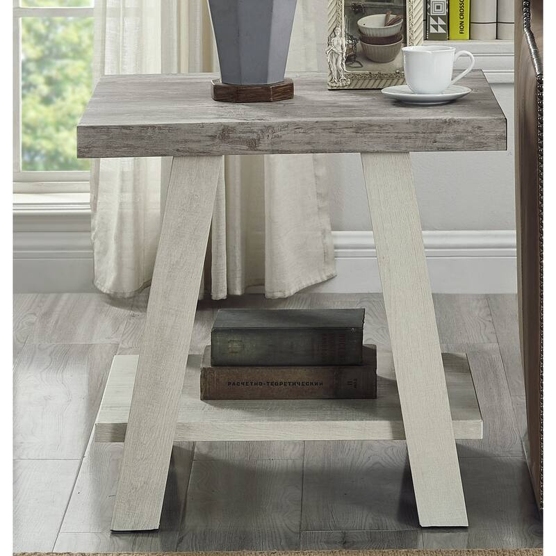 24" Modern Round End Table with Storage Shelf and Overextended Rectangular Top