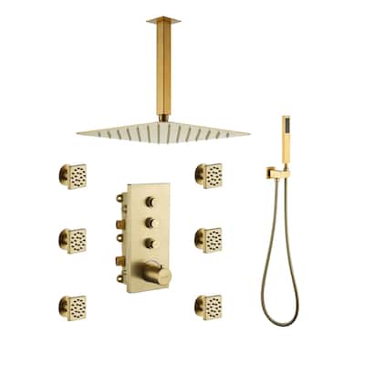 3 Functions 12 Inch Ceiling Mounted Thermostatic Shower System in Brushed Gold