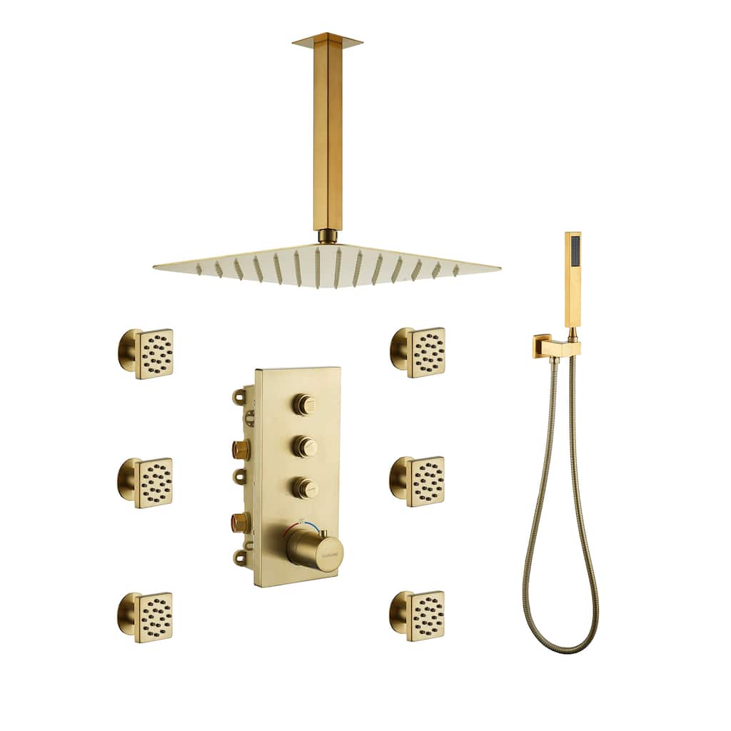 3 Functions 12 Inch Ceiling Mounted Thermostatic Shower System in Brushed Gold