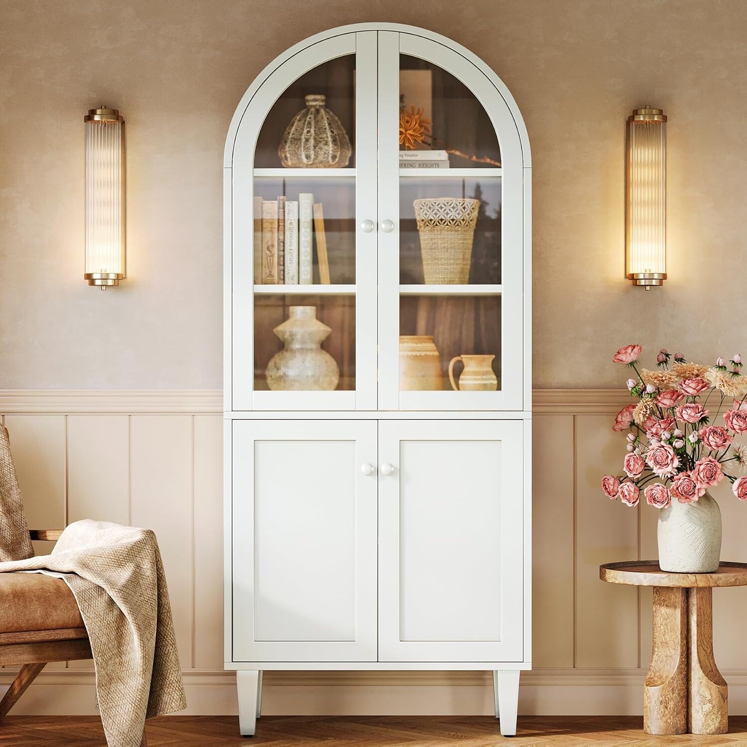 5-Tier White Wood Farmhouse Arch Storage Cabinet, 68 Inches Bookcase with Doors & Adjustable Shelves