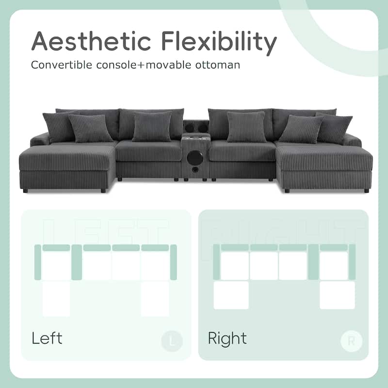 U-Shaped Cloud Corduroy Sectional Sofa with Console, Cup Holders, Bluetooth Speakers, Charging, Storage Ottoman, Deep Seats Sofa