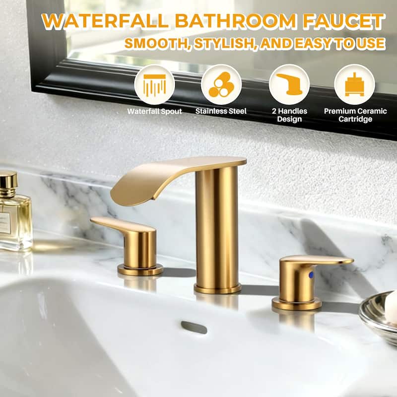 WOWOW 8 in.Double Handle Waterfall Bathroom Faucet with Pop-up Drain