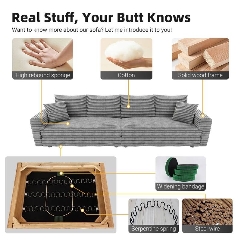 102.4 " Corduroy Modular Sofa, Modern Upholstered Sofa Cloud Couch, Deep Seat Couches w/ Pillows, Movable Ottoman for Apartment