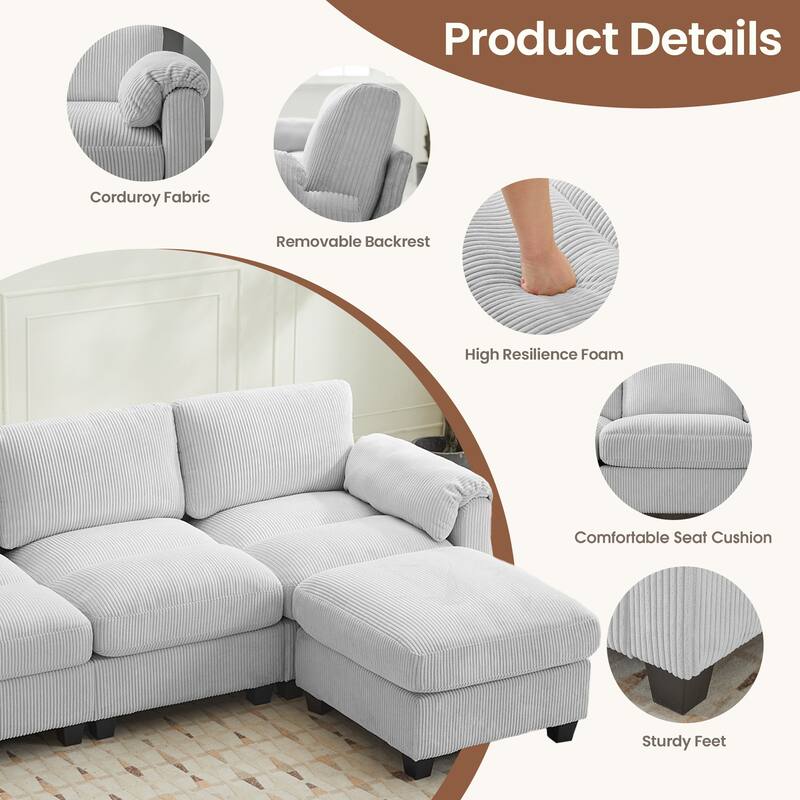 Multi-Seater Corduroy Sectional Sofa, Soft & Comfortable Corner Sofa