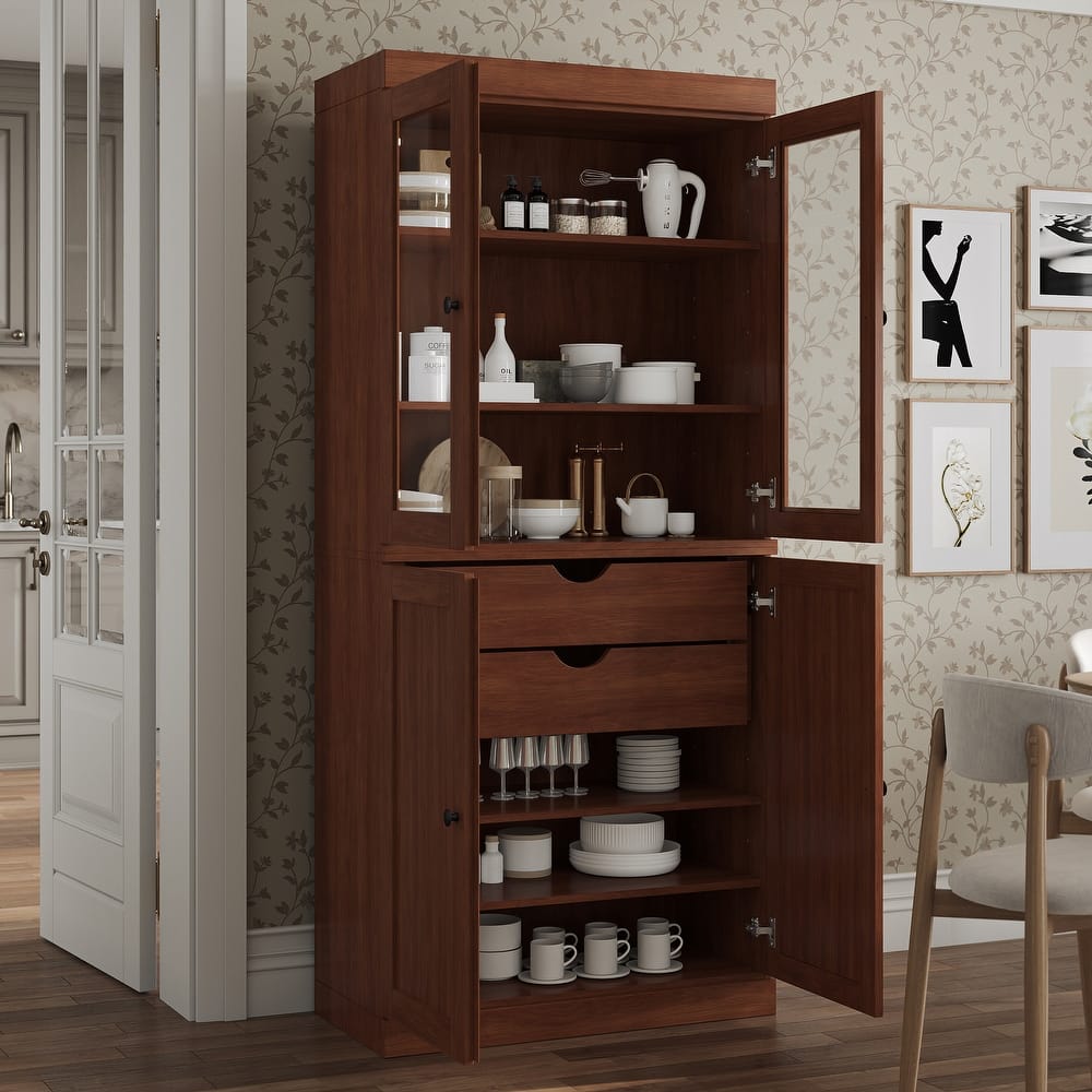 Palace Imports 100% Solid Wood Pantry Cabinet, Shaker & Clear Glass Doors, 2 Drawers, Adjustable Shelves, 32" Wide, 71.5" Tall