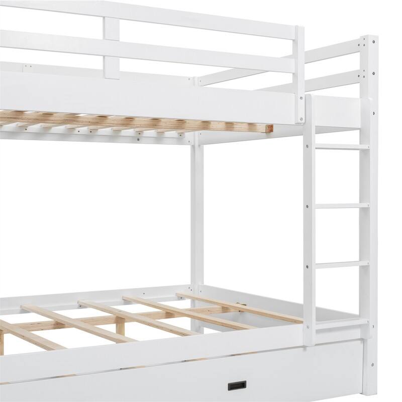 Queen Over Queen Size Bunk Bed with Trundle, Ladder and Guardrail, Wooden Bunk Bedframe with Wood Slats Support for Kids