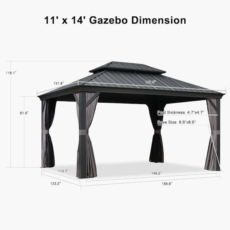 PURPLE LEAF Outdoor Galvanized Steel Hardtop Gazebo, Aluminum Frame Gazebo With Curtains