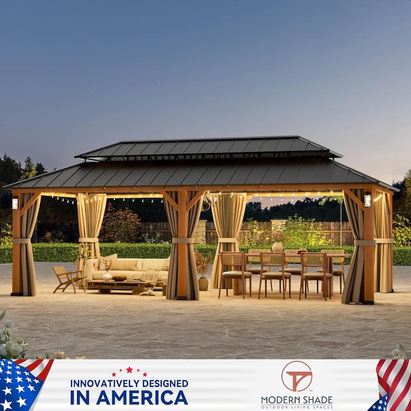 Permanent Hardtop Gazebo 12' x 24' with 4 LED Lights, Outdoor Gazebo w/Galvanized Steel Double Roof,Wood-Looking