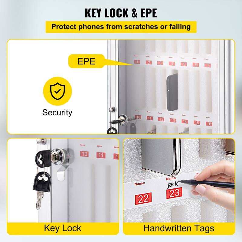 36 Slots Cell Phone Cabinet Silver Aluminum Alloy Pocket Chart Storage Locker Box with Portable Handle, Key Lock