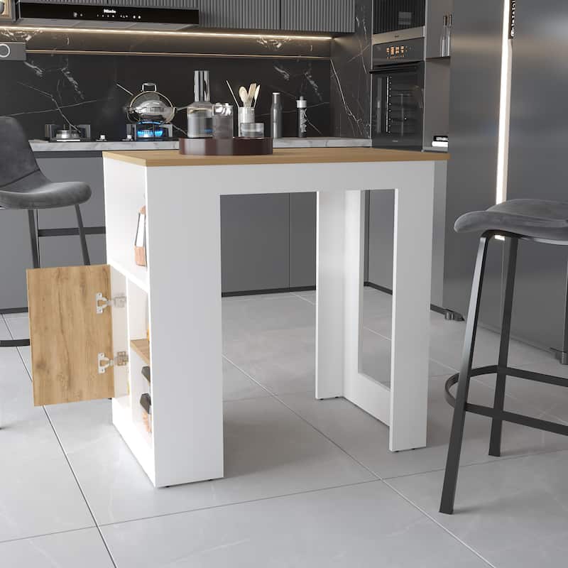 Aurora Kitchen Island with Open Compartment and Cabinet in White and Macadamia