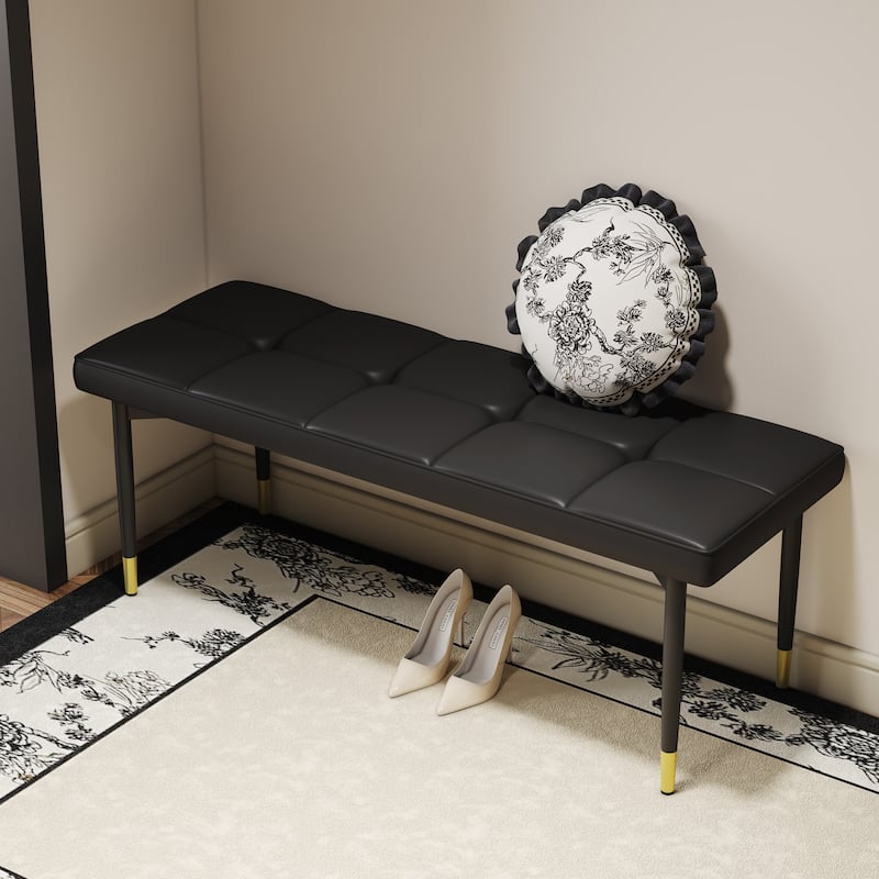 47*16 Inch Multifunctional Black Shoe Bench - Faux PU Cushion, Sturdy Metal Legs With Gold Accents