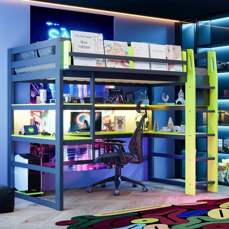 Loft Bed with Wraparound Study Hub, Side Storage Rack, USB Charging & RGB Light by Harper&Bright Designs - Green - Full