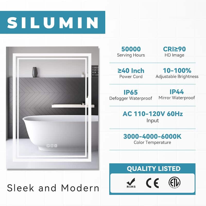 Silver LED Bathroom Mirror with Touch Dimmer, Anti-Fog, Adjustable Different brightness - 24" L x 40” W