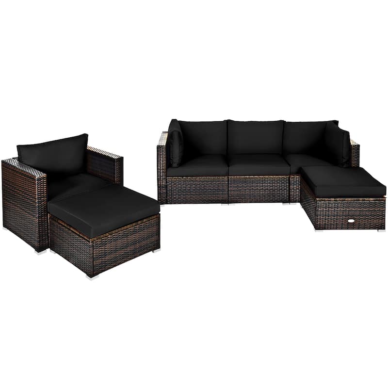 6PCS Patio Rattan Furniture Set Outdoor Conversation Set w/ Cushions - Black