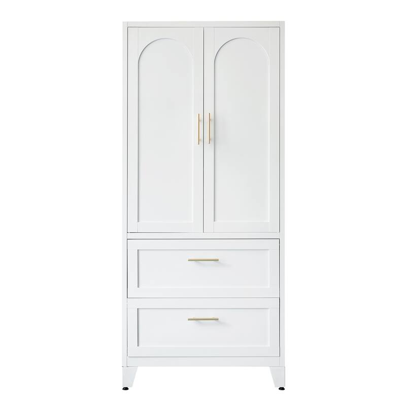 71" Tall Metal Wardrobe Cabinet with 2 Drawers and Hanging Rod, 2 Doors Wardrobe Closet with Shelf for Bedroom, Office