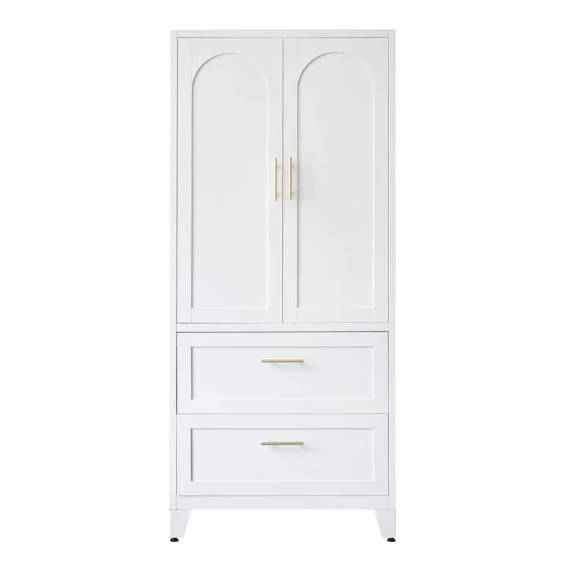 White Metal Wardrobe Closet with 2 Drawers and Hanging Rod, 71" Tall Bedroom Armoire Clothes Storage Cabinet with Shelf