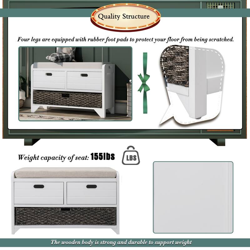 Storage Bench with Removable Basket and Drawers