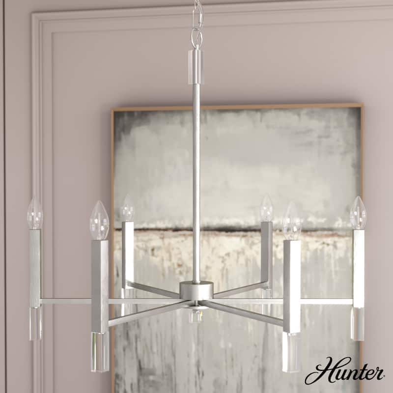 Hunter Sunjai Candle Chandelier - Entry, Kitchen Island, Dining Room, Living Room - Geometric, Glam, Contemporary - 6-Light round - Brushed Nickel