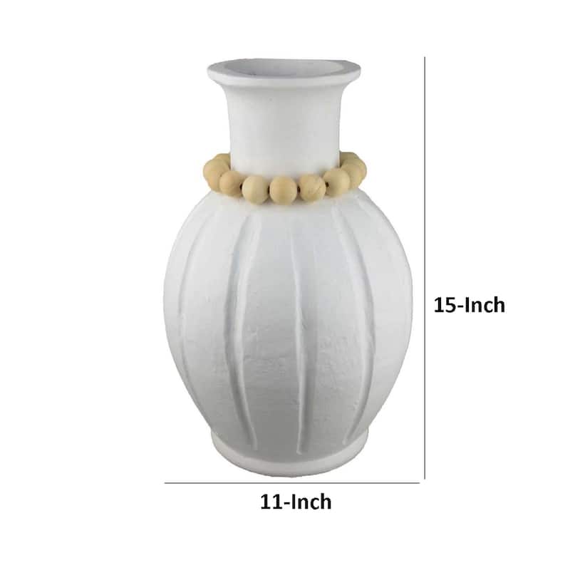 Nehu Decorative Vase, Beaded Neck Details, 15 Inch White Resin