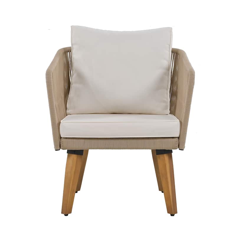 Beige+Natural Outdoor Patio Conversation Sofa Set with Solid Wood Coffee Table