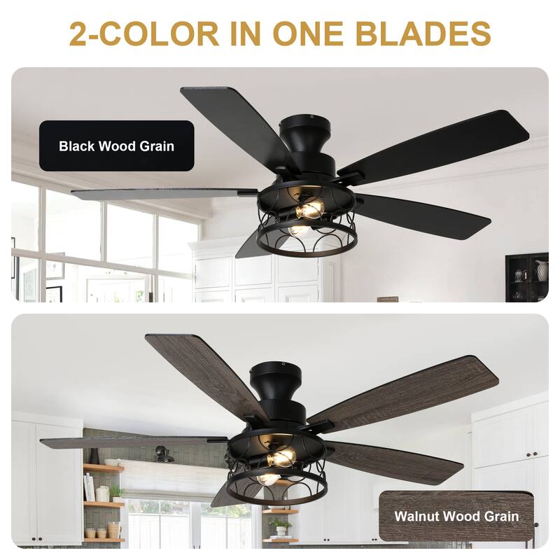 Cusp Barn 52 Inch Farmhouse Flush Mount Ceiling Fan with Lights and Remote, Industrial Low Profile Black Caged Ceiling Fan