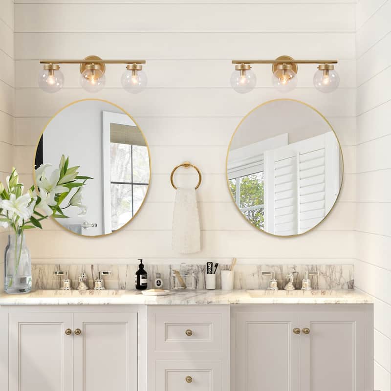 Rella Modern Farmhouse Black Gold Bathroom Vanity Light Orb Glass Dimmable Wall Sconces for Powder Room
