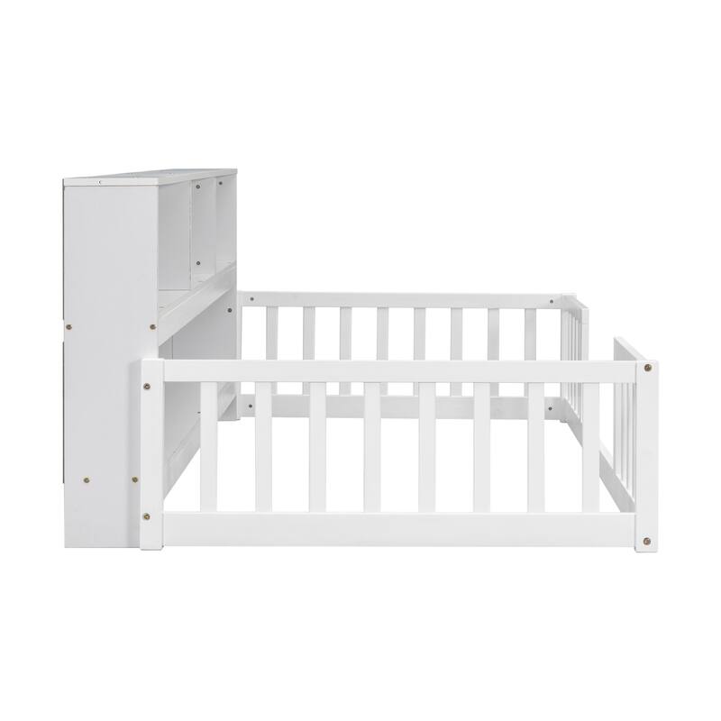 Twin Floor Bed with Bedside Bookcase,Shelves,Guardrails