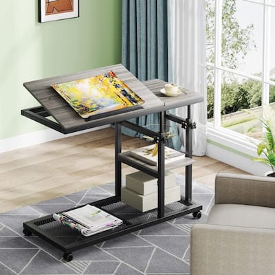 Height Adjustable C Side Table with Wheels, Sofa Bedside Laptop Desk