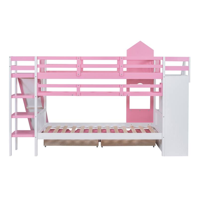 Bunk Bed Castle Playhouse Solid Wood Stairs Bed Frame with Storage Shelves & 2 Drawers, Children's Slide Bed with Guardrail