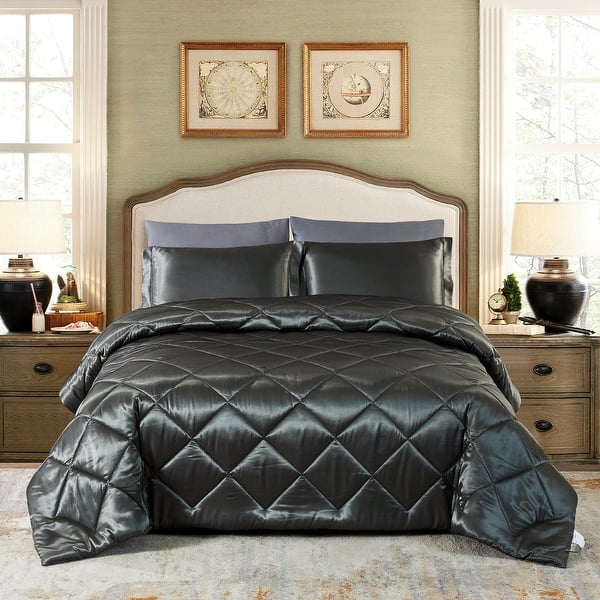 slide 2 of 8, 8 Piece Luxury Silky Satin Comforter Set Dark Gray - Twin
