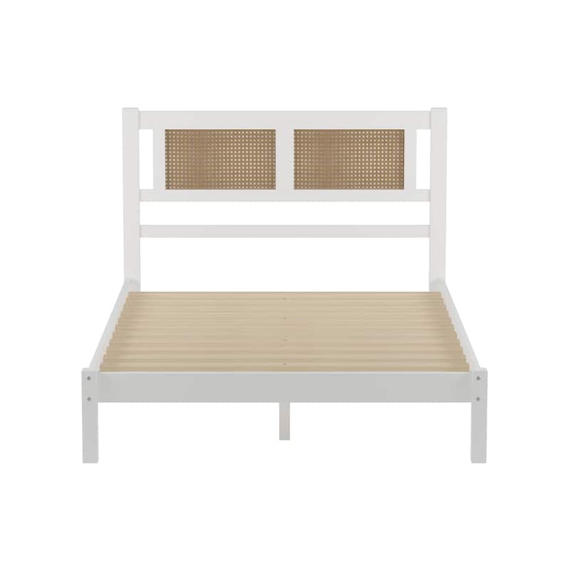 Modern Style Wooden Platform Bed with Natural Rattan Headboard for Bedroom