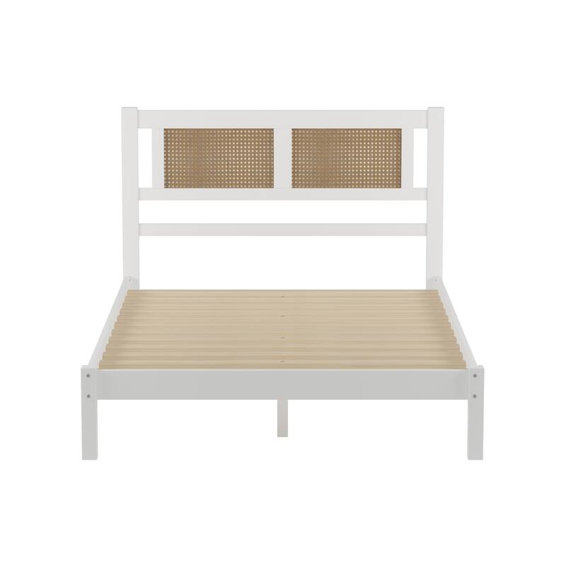 Wooden Platform Bed with Natural Rattan Headboard