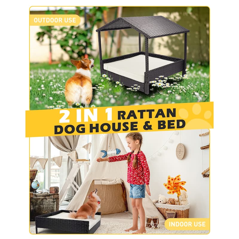 2 In 1 Wicker Pet Bed With Cushion and Canopy, Dog House