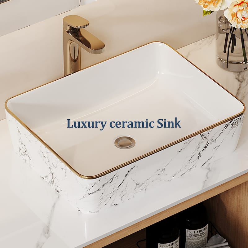 35.83'' Single Bathroom Vanity with Glossy Sintered Stone Top, Light Wood & Dark Wood