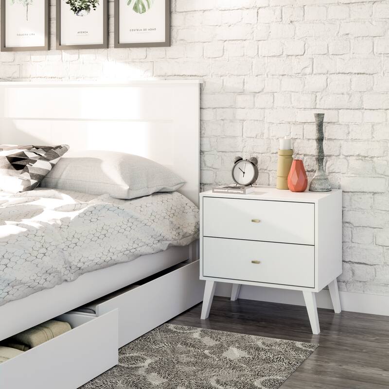 Prepac Milo Mid-Century Modern 2 Drawer Nightstand, Bedside Table, Contemporary Bedroom Furniture