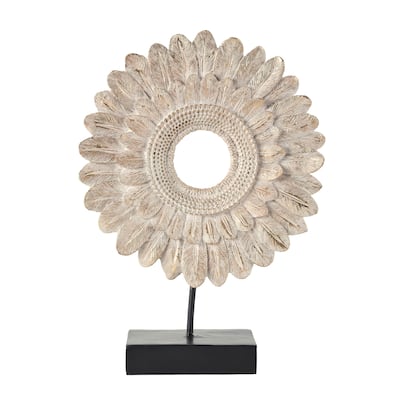 Resin Bird Feather Ring Sculpture with Black Stand - Cream - Roche River Decor - 4"W x 12"L x 17"H