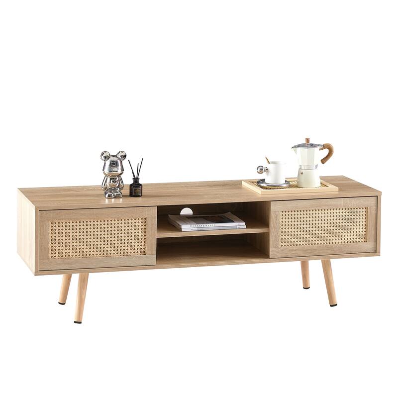 55.12" TV Stand with Double Sliding Doors, Solid Wood Legs and Adjustable Shelf for Living Room