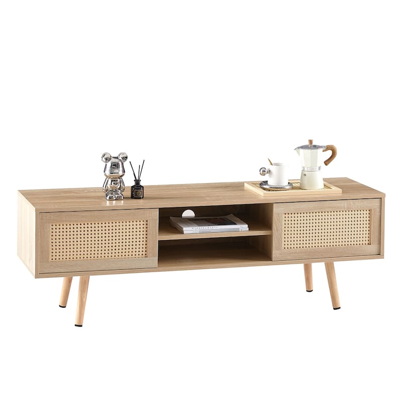 Rattan TV Cabinet with Double Sliding Doors Storage & Adjustable Shelf, Living Room Entertainment Center with Solid Wood Legs