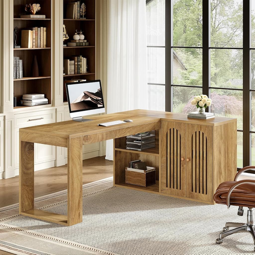 L Shaped Executive Desk with Storage Cabinet, 59-Inch Corner Office Desk