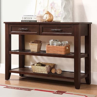 Mid-Century Style Console Sofa Table Solid Wood Buffet Sideboard with 2 Storage Drawers and 2 Tiers Shelves