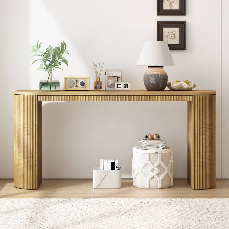 59.2" Modern Console Table with Vertical Striped Legs and Oval Desktop - Natural