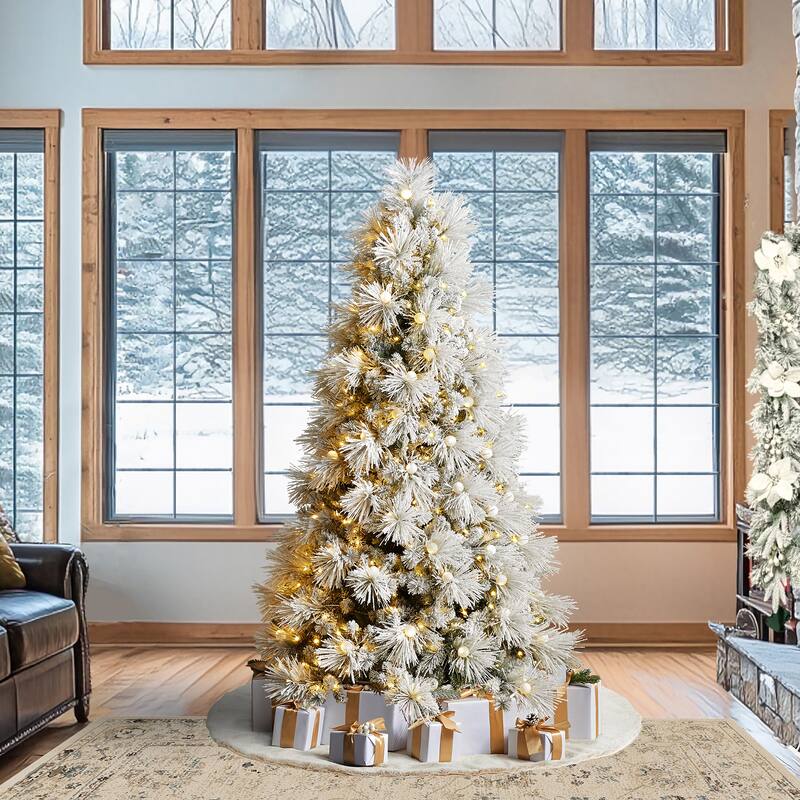 Glitzhome 7.5FT/9FT Pre-Lit Flocked Snowy Full Pine Artificial Christmas Tree with Warm White Globe Lights & Foot Switch