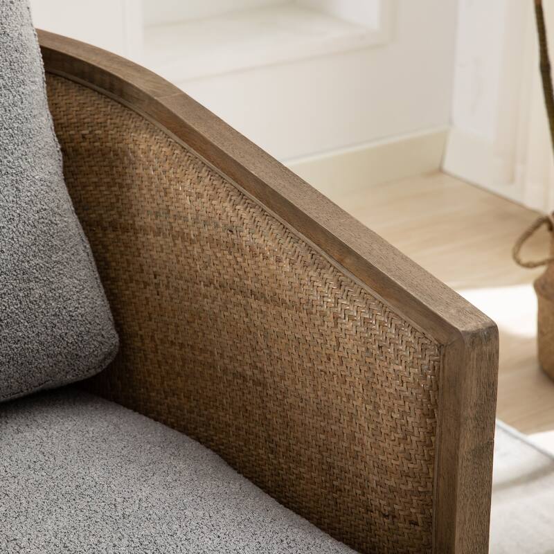 Boucle Upholstered Swivel Barrel Chair, Comfy Round Accent Sofa Chair, High Back Club Chair with Rattan Armrests