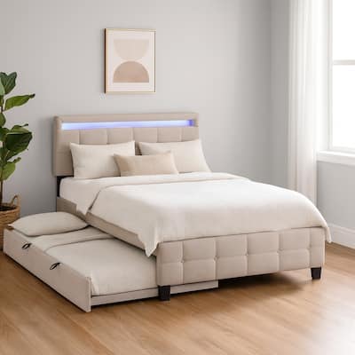 HomeRoots Beige Tufted Upholstered Lighted Queen Bed Frame With Trundle And USB And Drawers