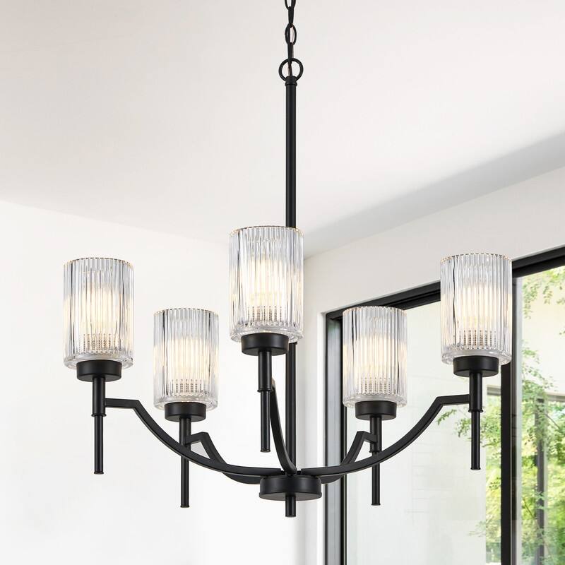 KAWOTI 5-Light Chandelier with Flutted Glass Shades - W27" x D27" x H27.5" - W27" x D27" x H27.5"